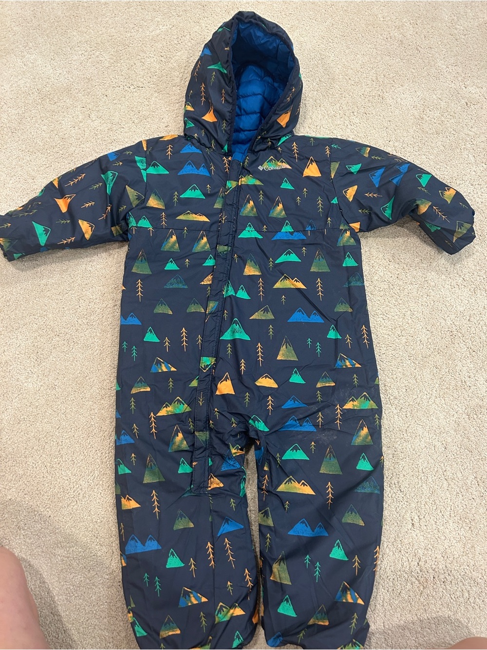 Columbia Navy and Royal Blue Puffer Kids One-Piece Snowsuit reversible mountains
